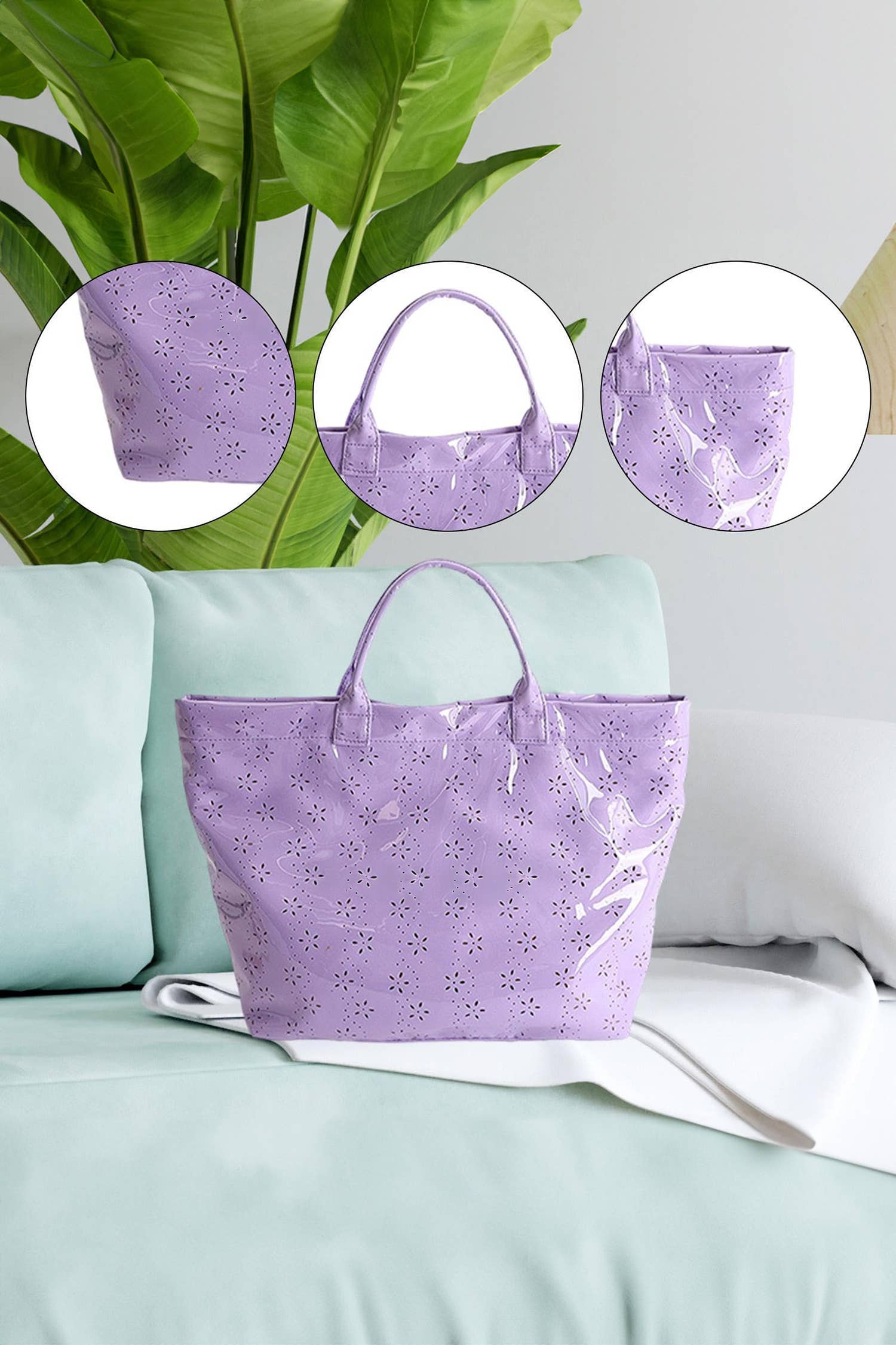 LDC Eyelet Flower Pattern PVC Glossy Waterproof Tote Bag