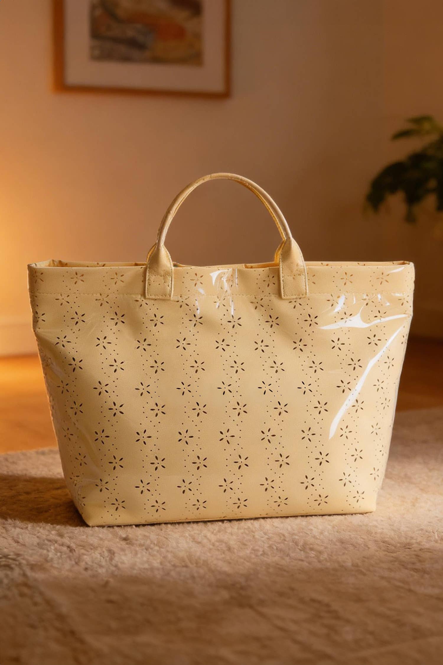 LDC Eyelet Flower Pattern PVC Glossy Waterproof Tote Bag