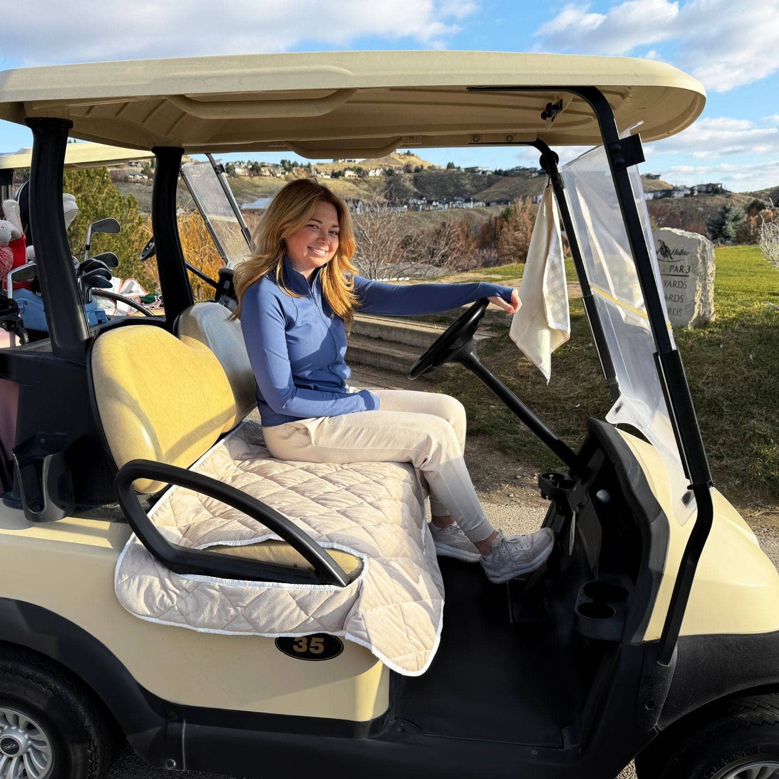 Gingham Neutral Golf Cart Seat Cover