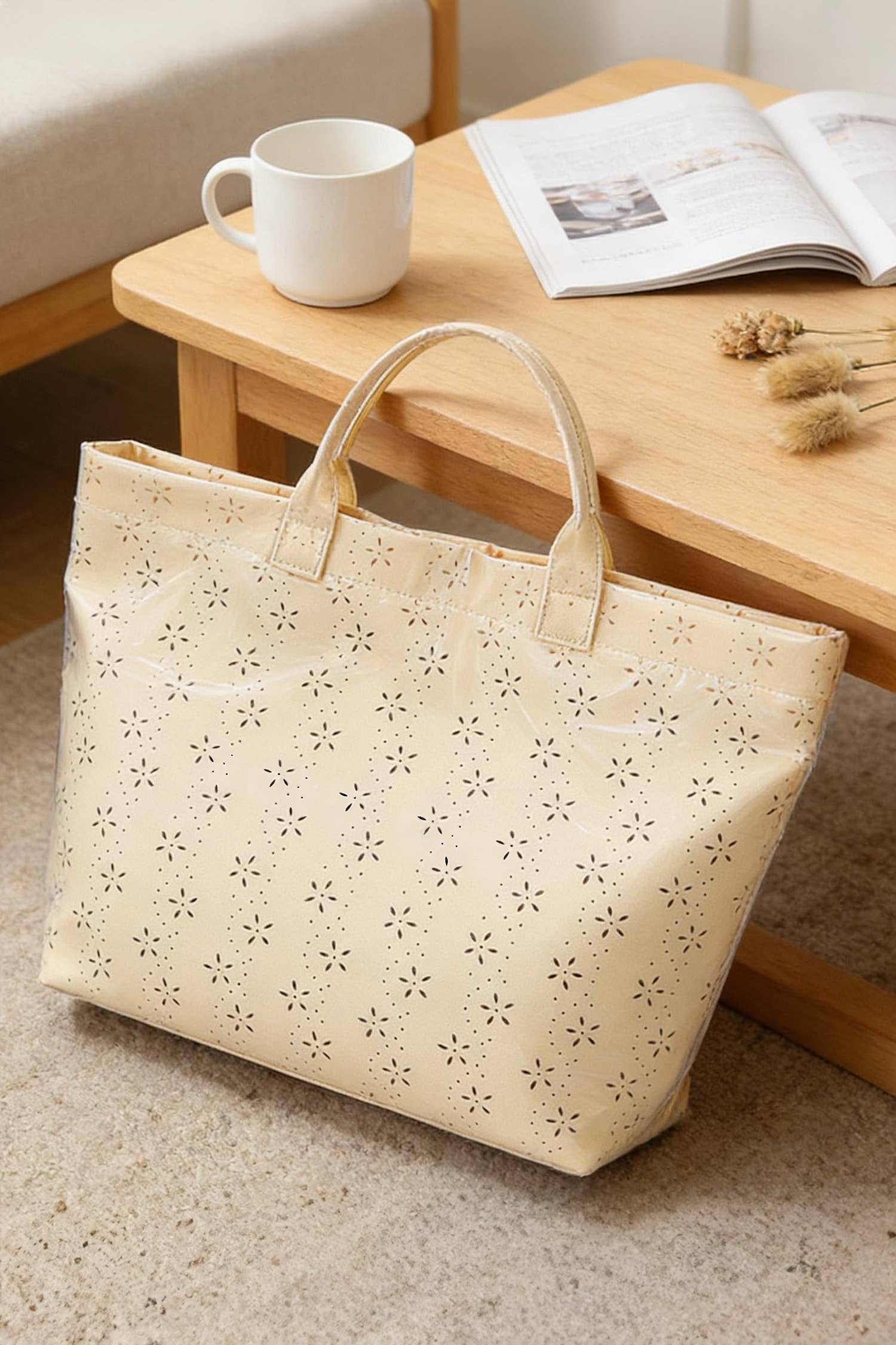 LDC Eyelet Flower Pattern PVC Glossy Waterproof Tote Bag
