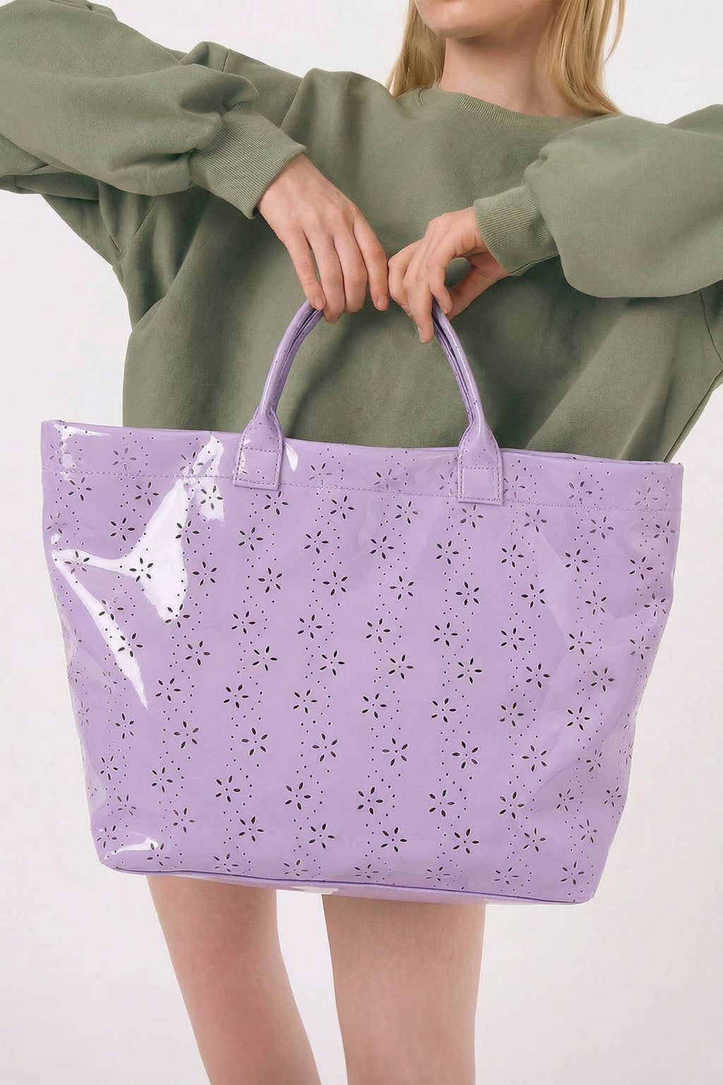 LDC Eyelet Flower Pattern PVC Glossy Waterproof Tote Bag