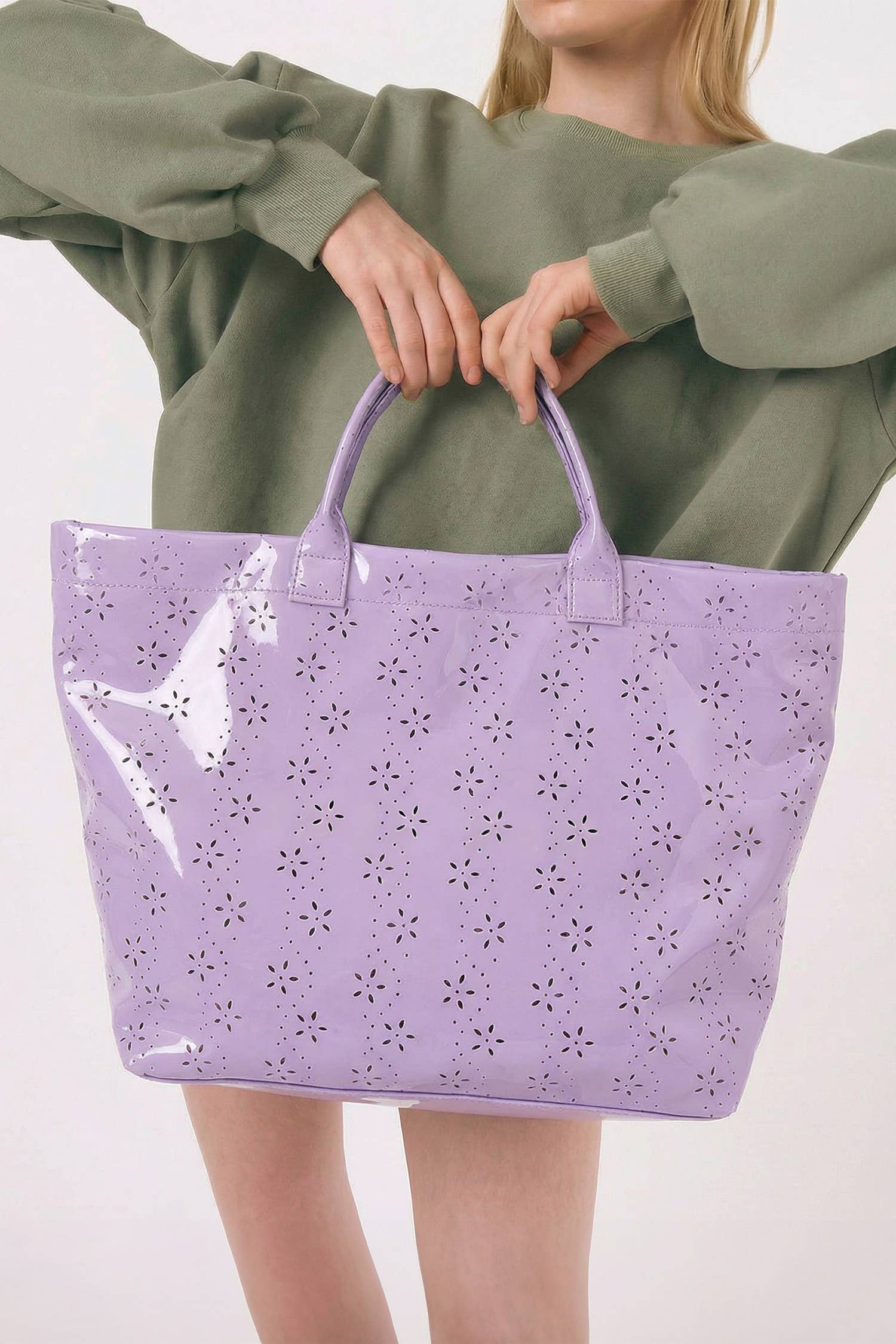 LDC Eyelet Flower Pattern PVC Glossy Waterproof Tote Bag