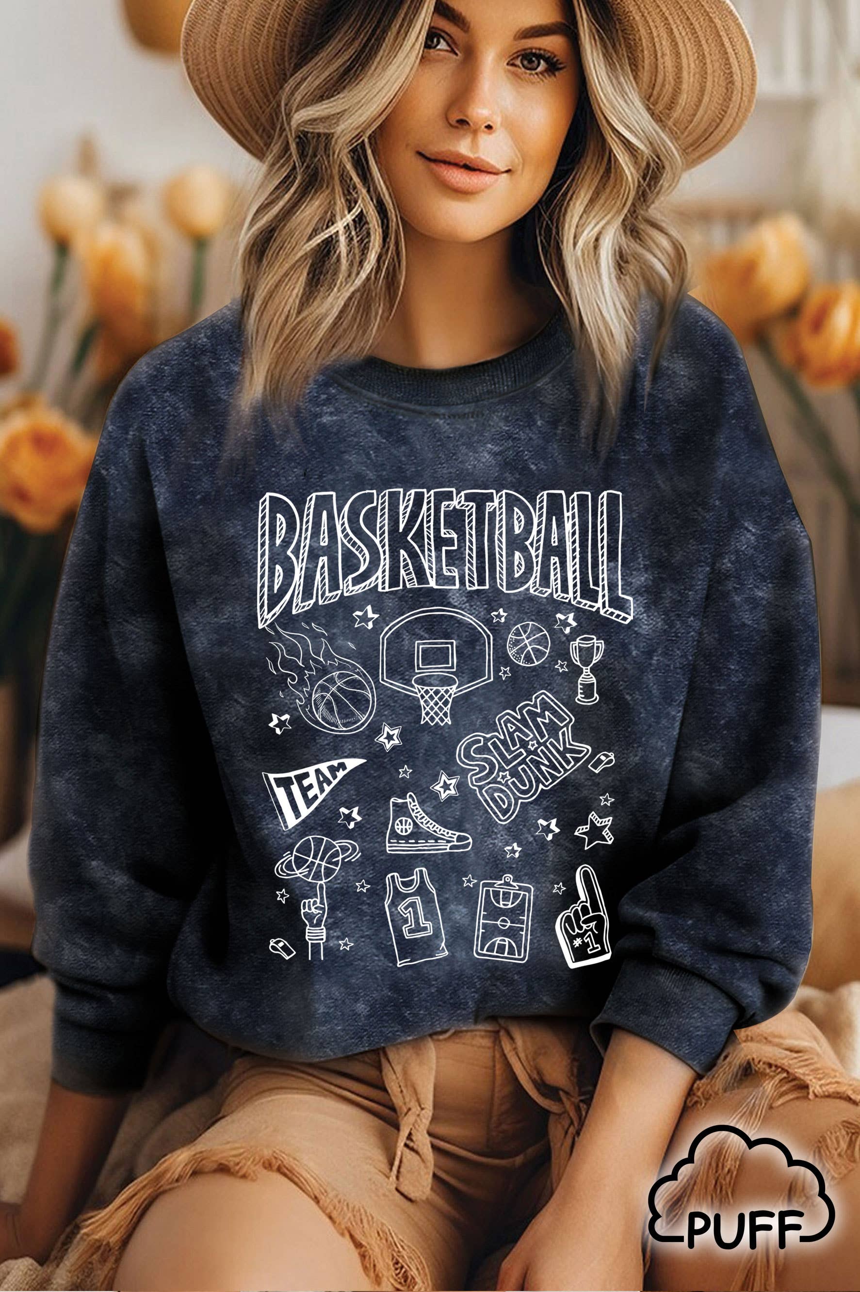 BASKETBALL CHARACTER PUFF MINERAL GRAPHIC BRUSHED SWEATSHIRT