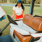 Country Club Stripe Reversible Golf Cart Seat Cover (Blue Stripe + Coral Trim)