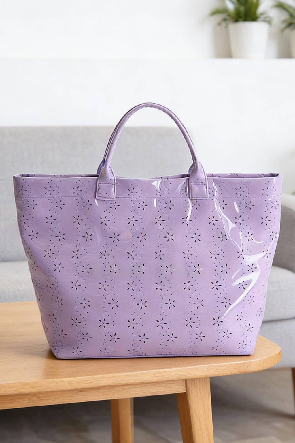 LDC Eyelet Flower Pattern PVC Glossy Waterproof Tote Bag