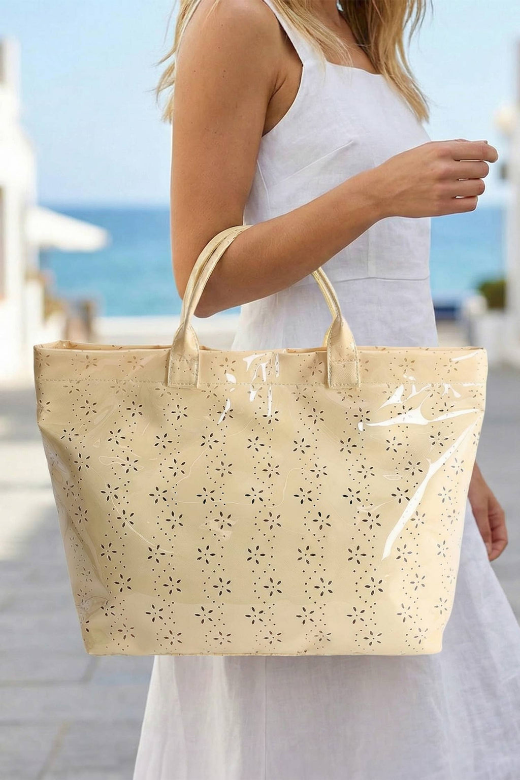 LDC Eyelet Flower Pattern PVC Glossy Waterproof Tote Bag