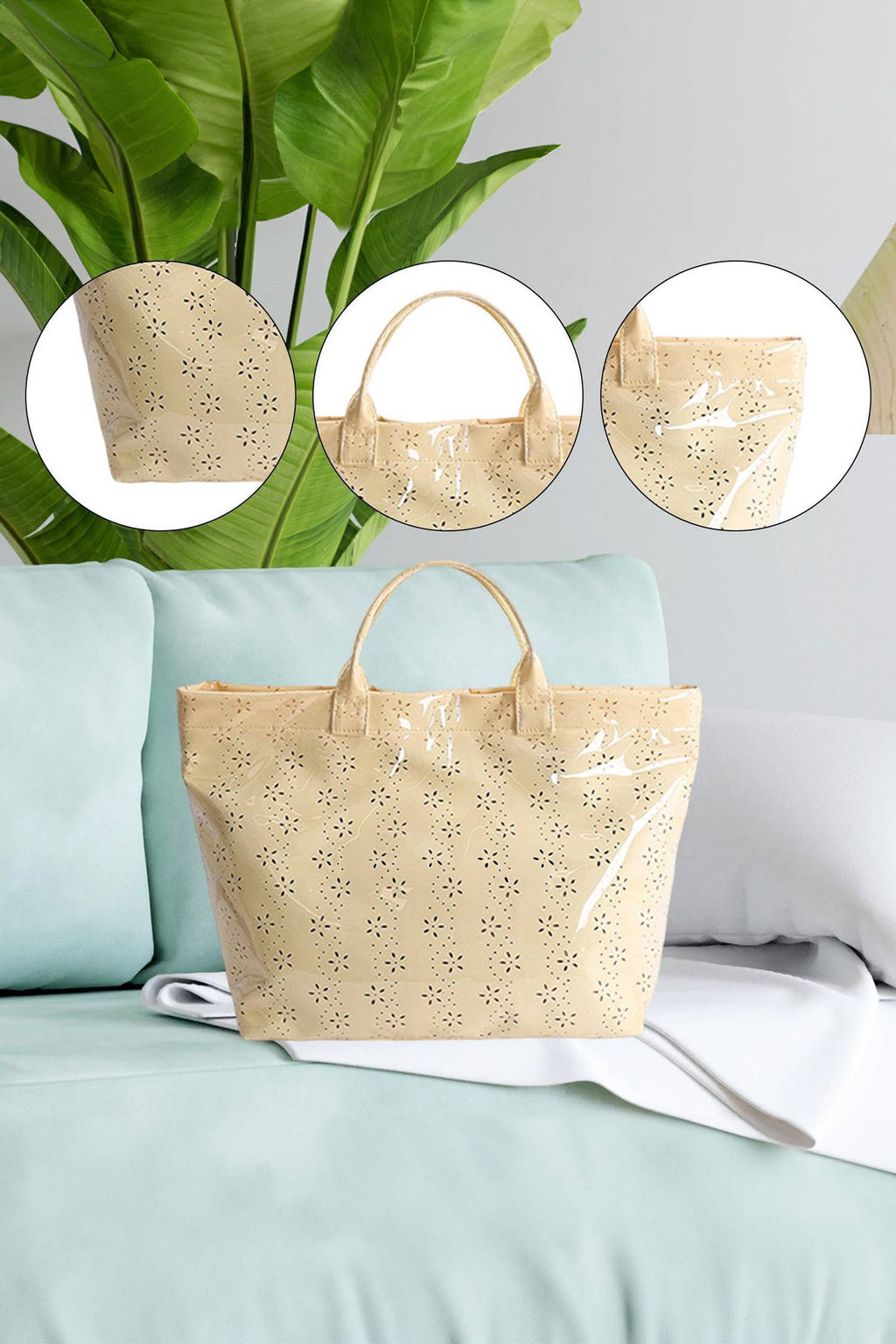 LDC Eyelet Flower Pattern PVC Glossy Waterproof Tote Bag