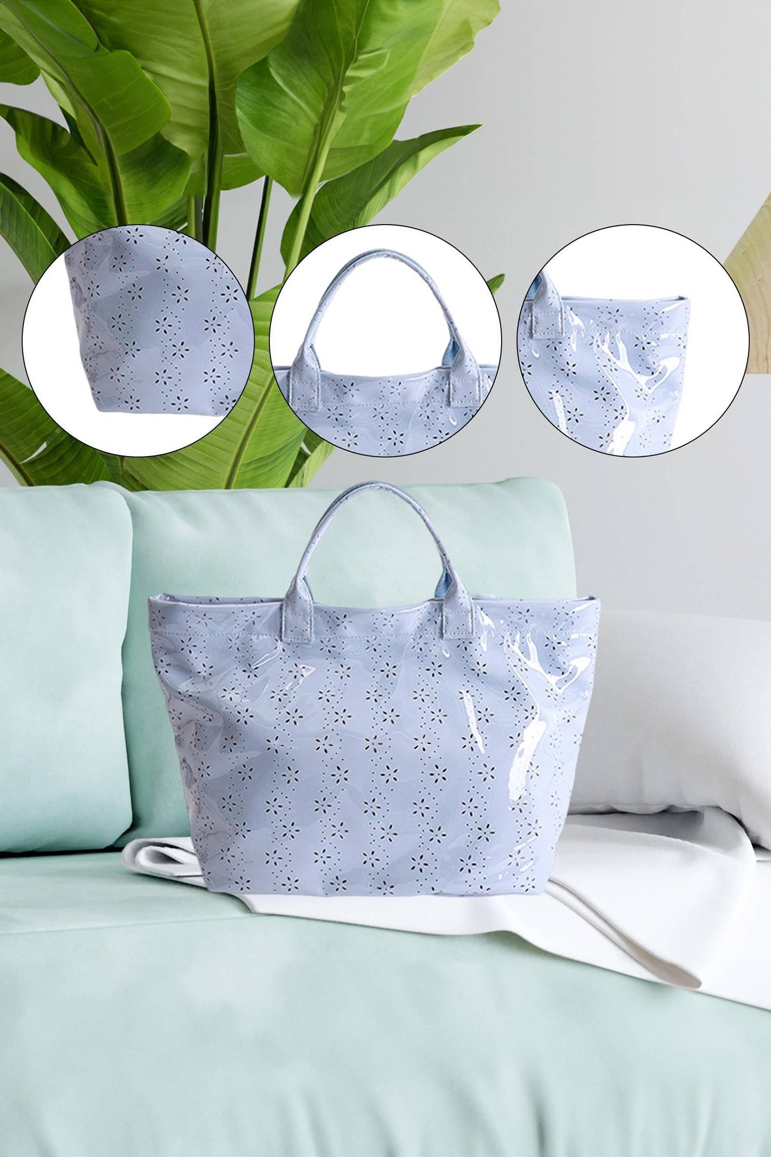 LDC Eyelet Flower Pattern PVC Glossy Waterproof Tote Bag